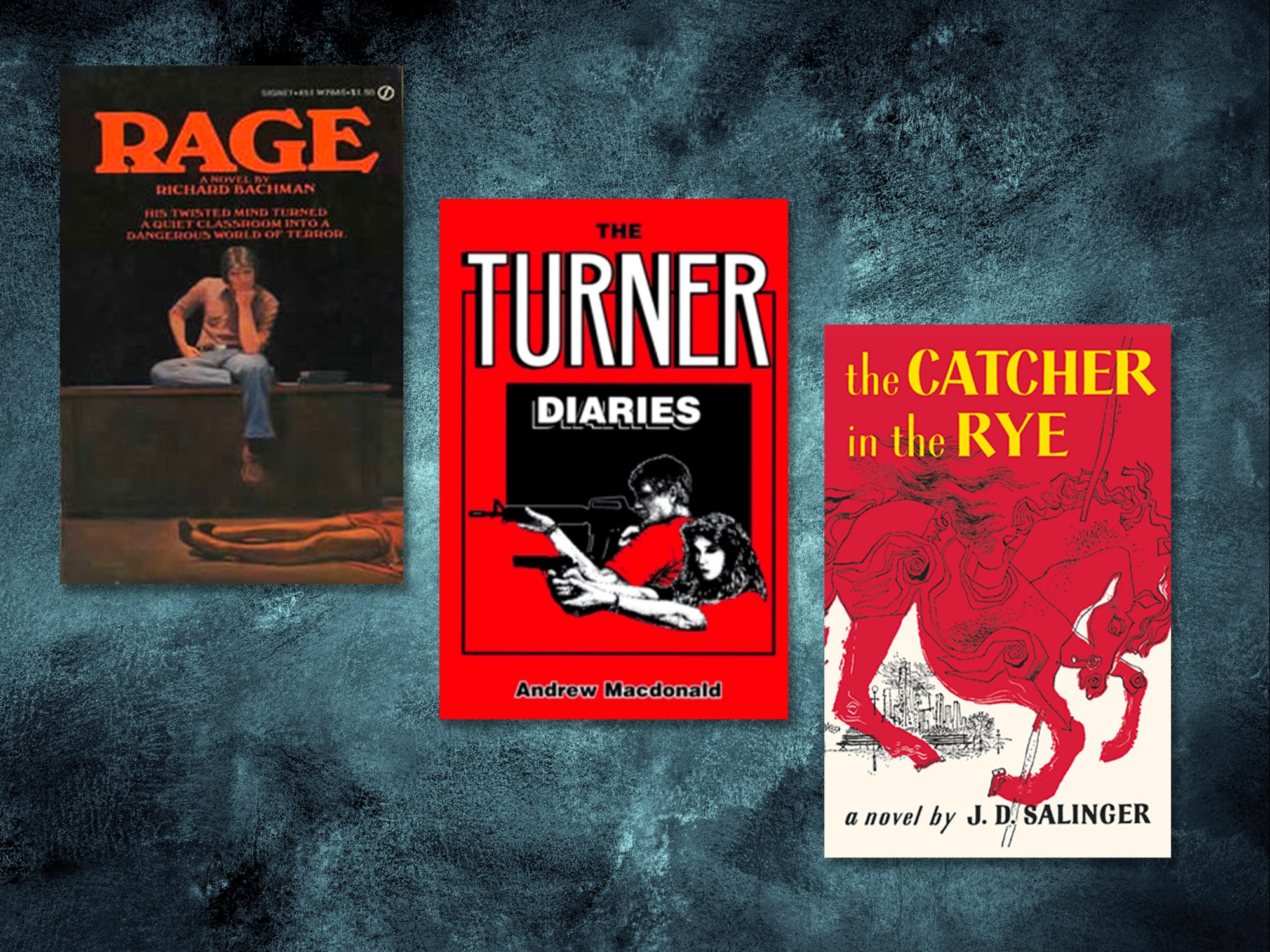 Stephen King’s Rage (published under the pseudonym Richard Bachman), William Luther Pierce’s The Turner Diaries (published under the pseudonym Andrew Macdonald), and JD Salinger’s The Catcher in the Rye