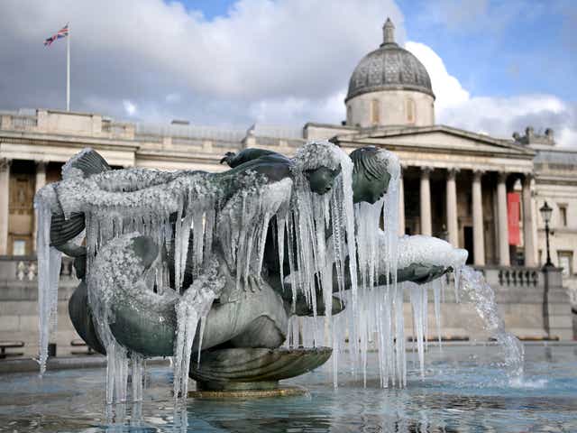 Icicles formed  on the fountains of Trafalgar Square in London in the big freeze