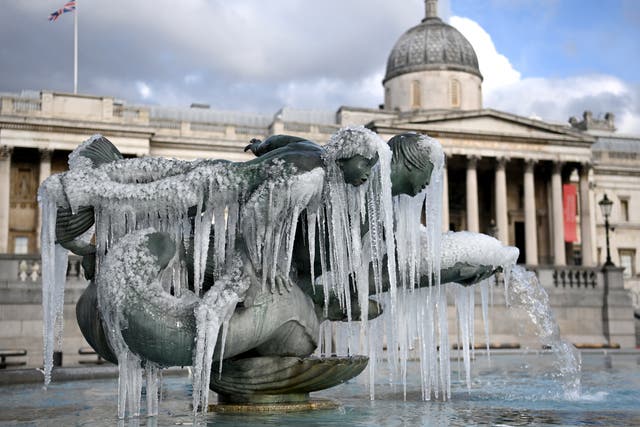 Icicles formed  on the fountains of Trafalgar Square in London in the big freeze