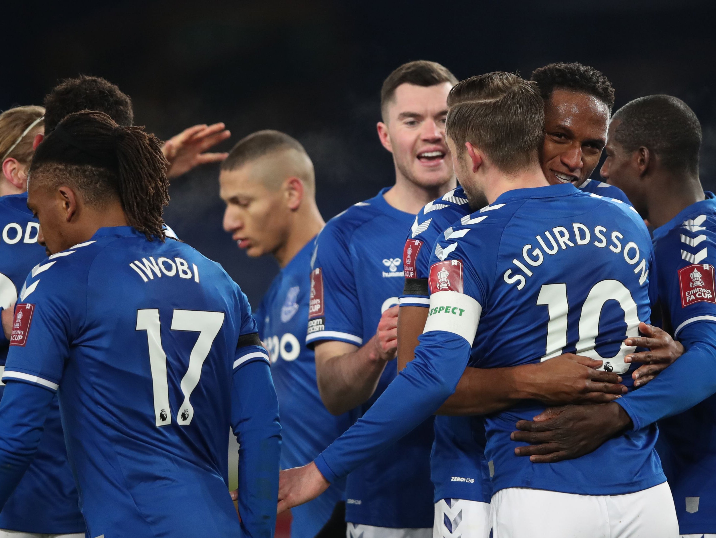 Everton players celebrate their thrilling fifth-round win over Spurs