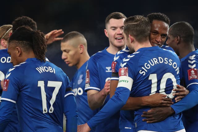 Everton players celebrate their thrilling fifth-round win over Spurs
