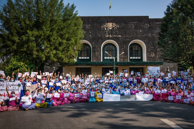 The University of Yangon Teachers Association protests against the military coup on 5 February, 2021. 