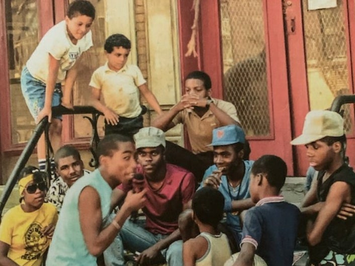A teenage 2Pac (blue shirt with mic) rapping to his friends in New York, early Eighties