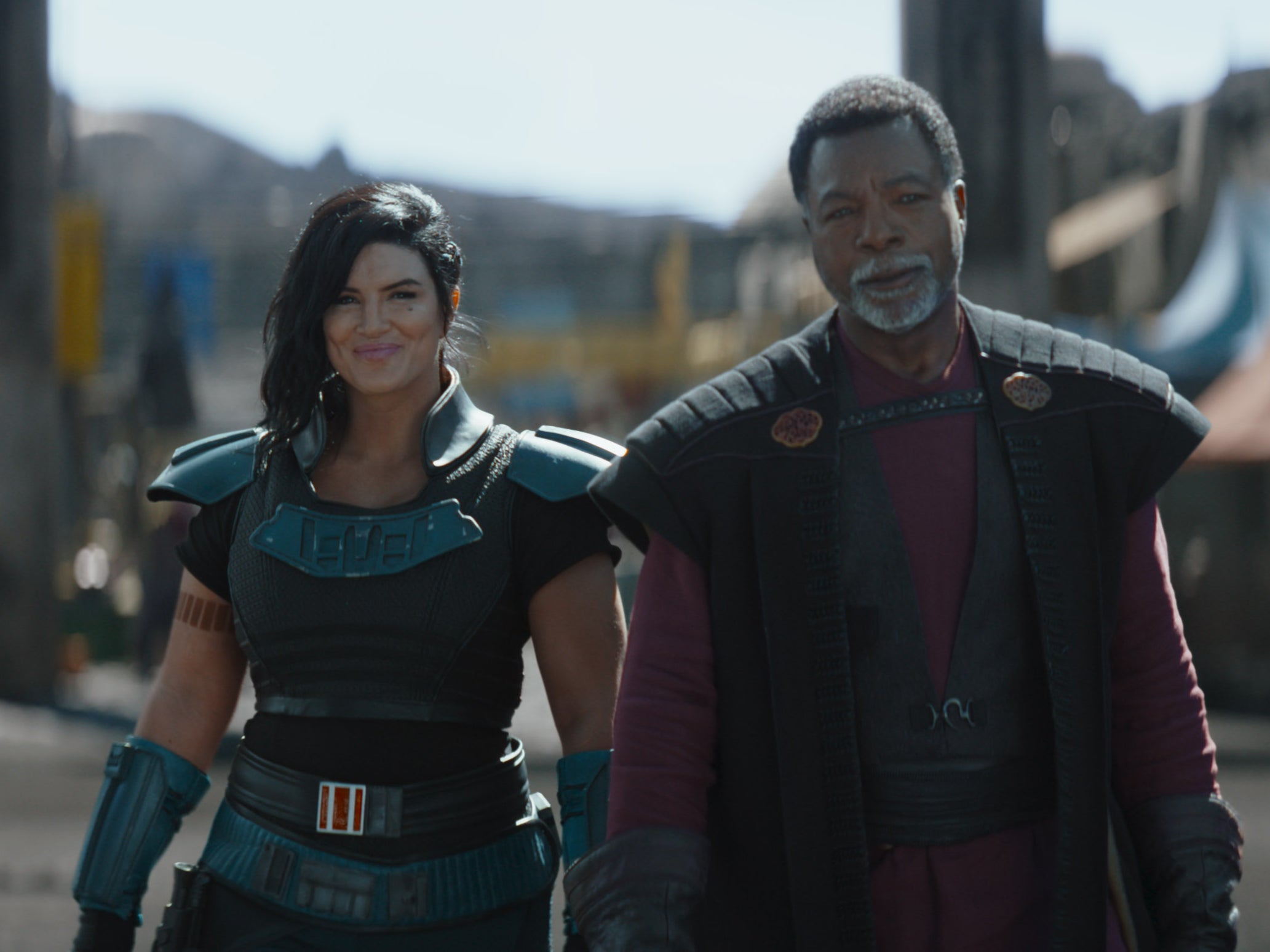 Carano next to co-star Carl Weathers in a second-season episode of The Mandalorian