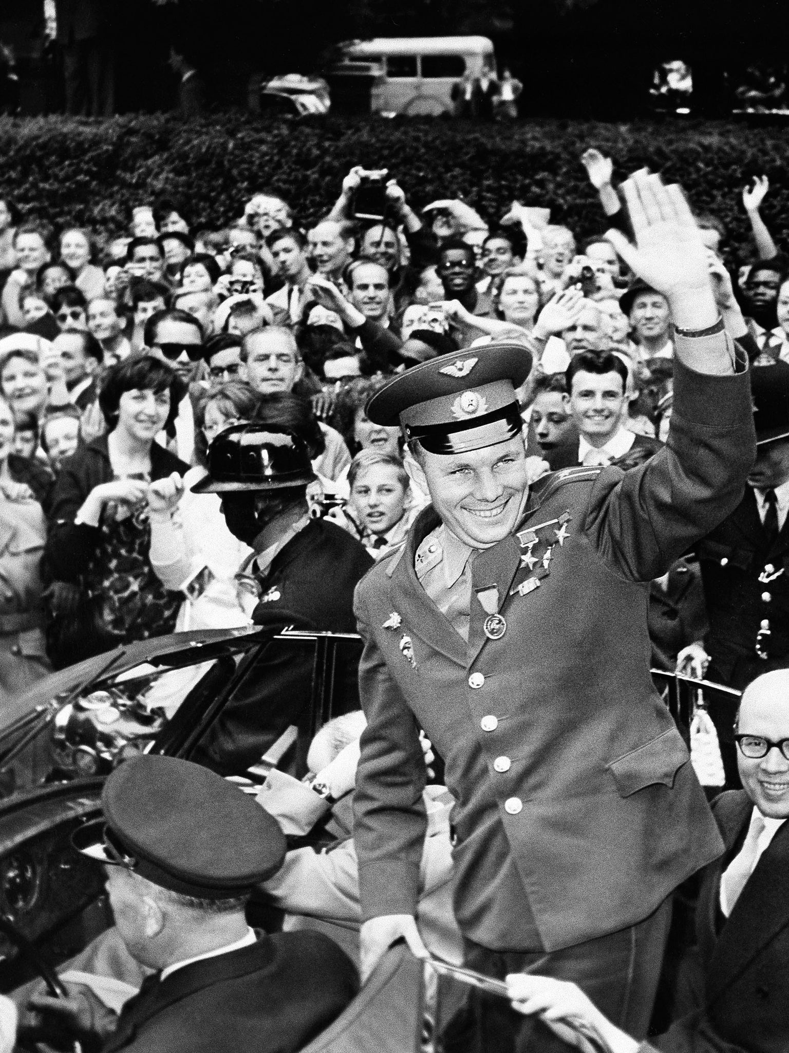 Yuri Gagarin outside the Russian embassy in London