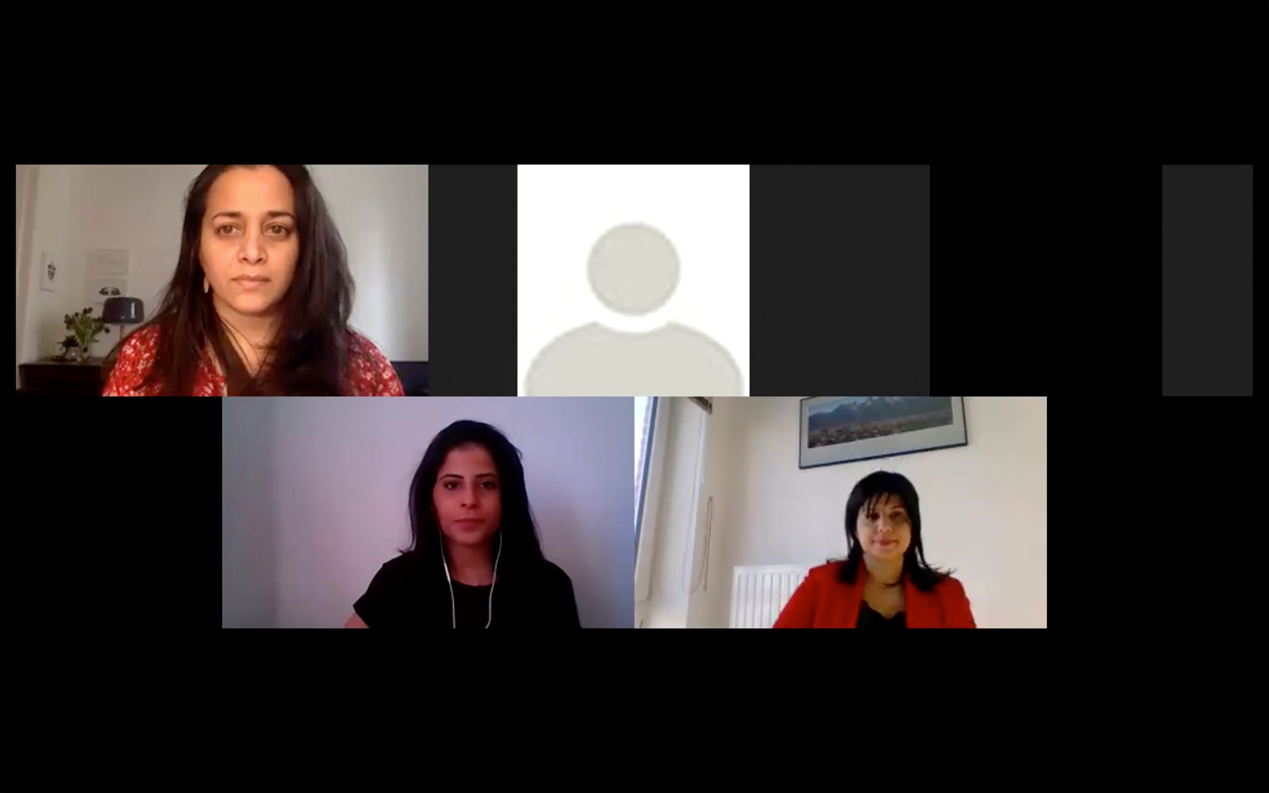 A still image from a news conference via Zoom, Top left, Uma Mishra-Newbery, campaign manager for the Free Loujain Campaign, bottom left to right, sisters of Loujain al-Hathloul, and Lina al-Hathloul and Alya al-Hathloul