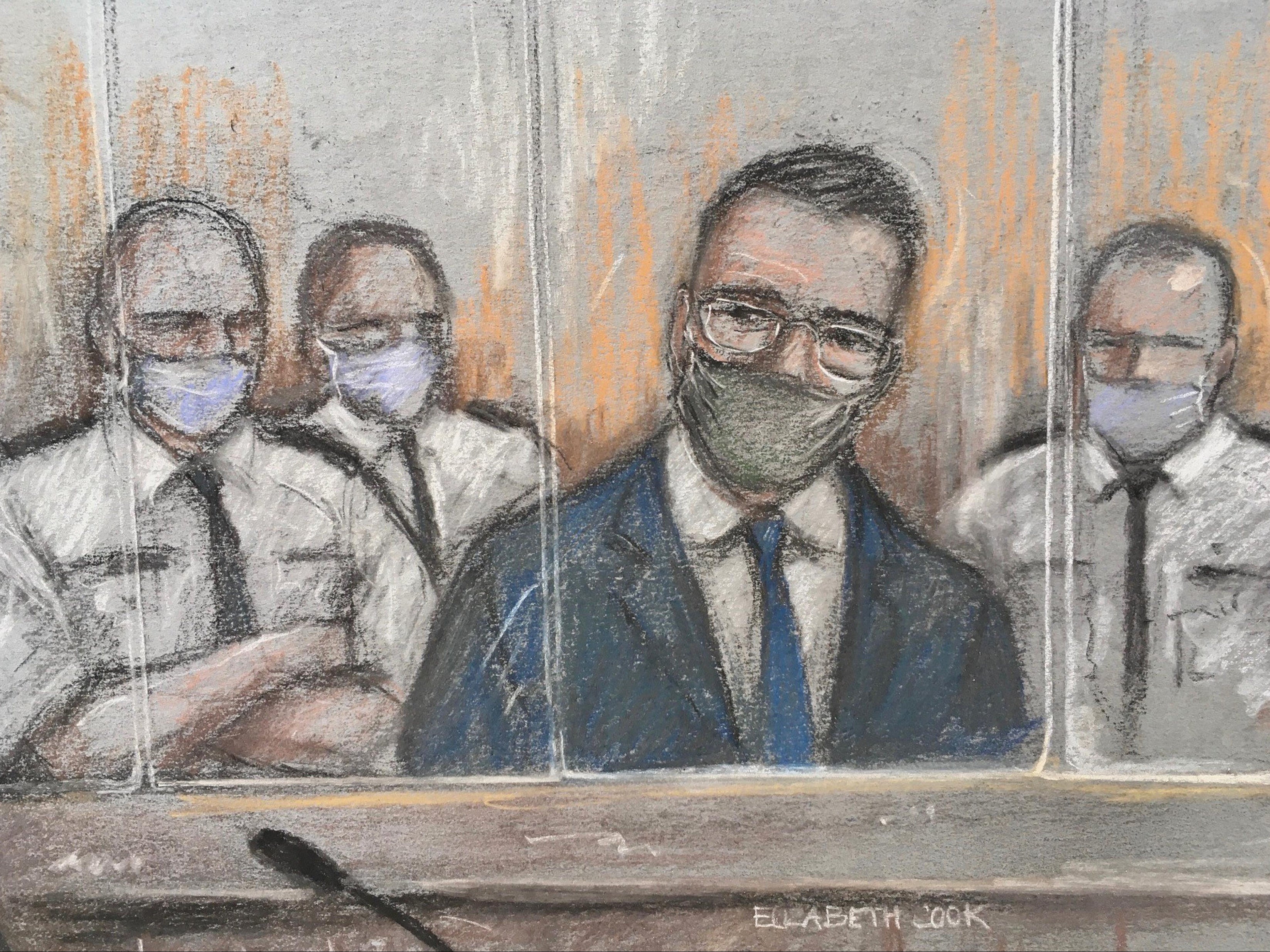 File court artist sketch by Elizabeth Cook of Pawel Relowicz (2nd right) appearing at Sheffield Crown Court