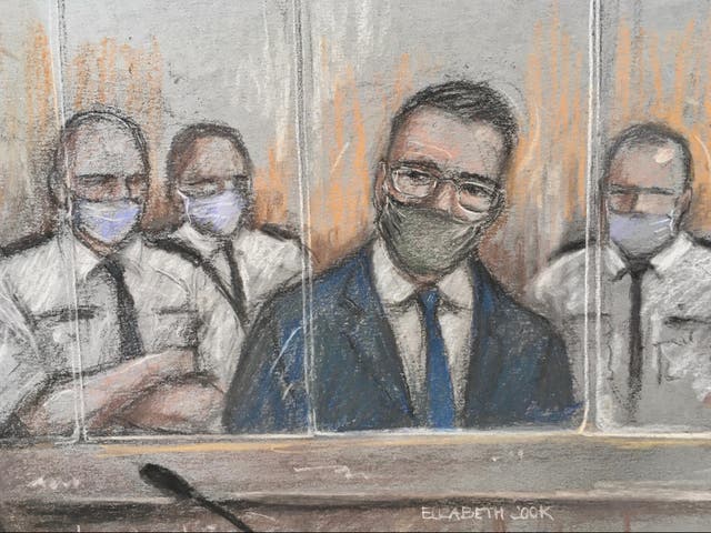 File court artist sketch by Elizabeth Cook of Pawel Relowicz (2nd right) appearing at Sheffield Crown Court