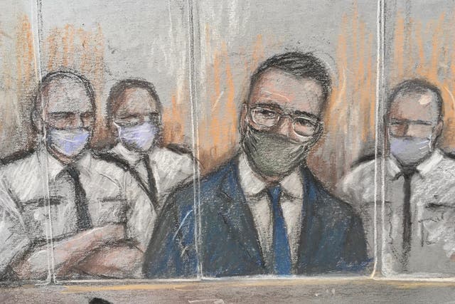 File court artist sketch by Elizabeth Cook of Pawel Relowicz (2nd right) appearing at Sheffield Crown Court
