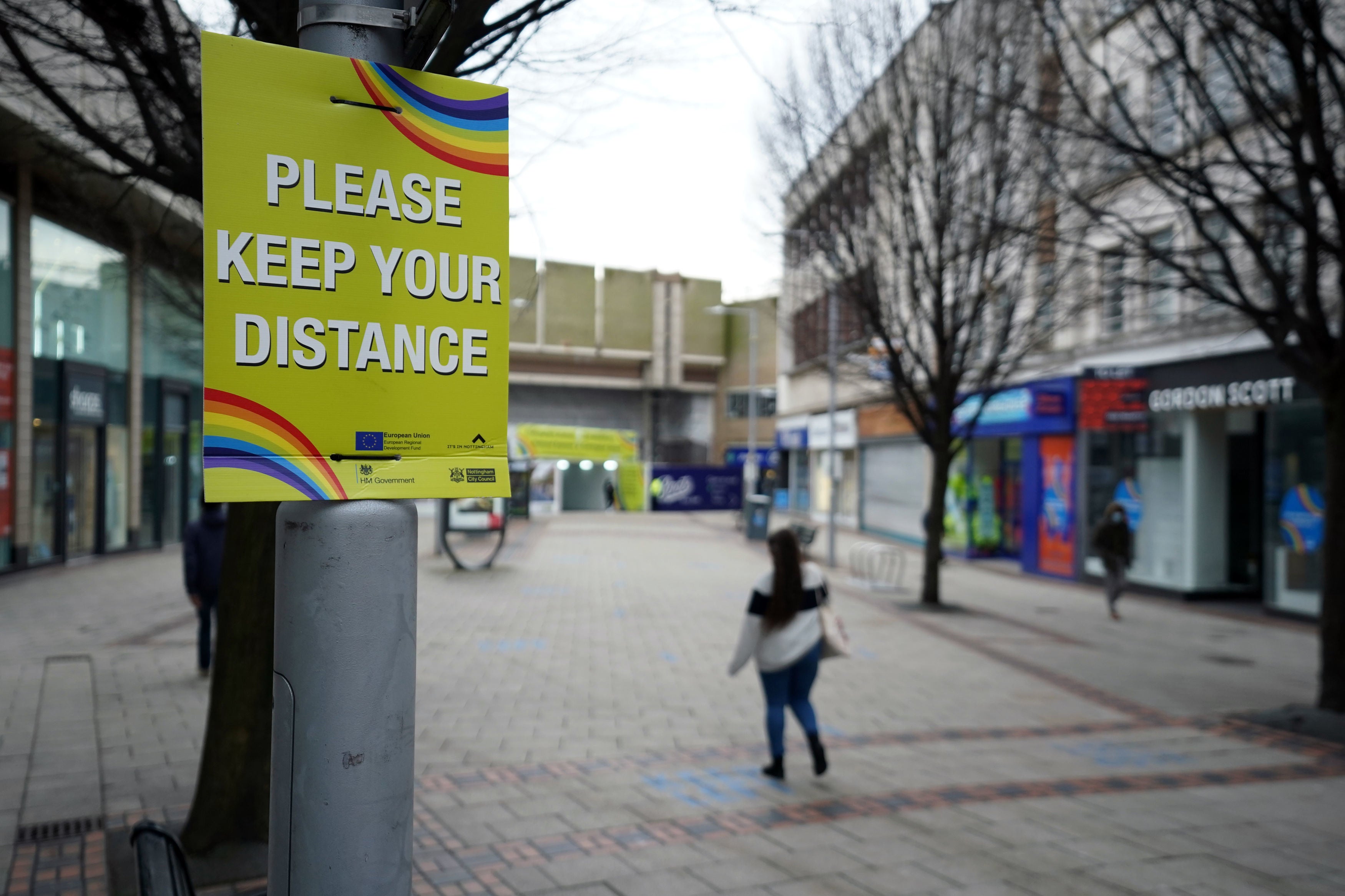 Social distancing signage in Nottingham during England's third national lockdown to curb the spread of coronavirus.