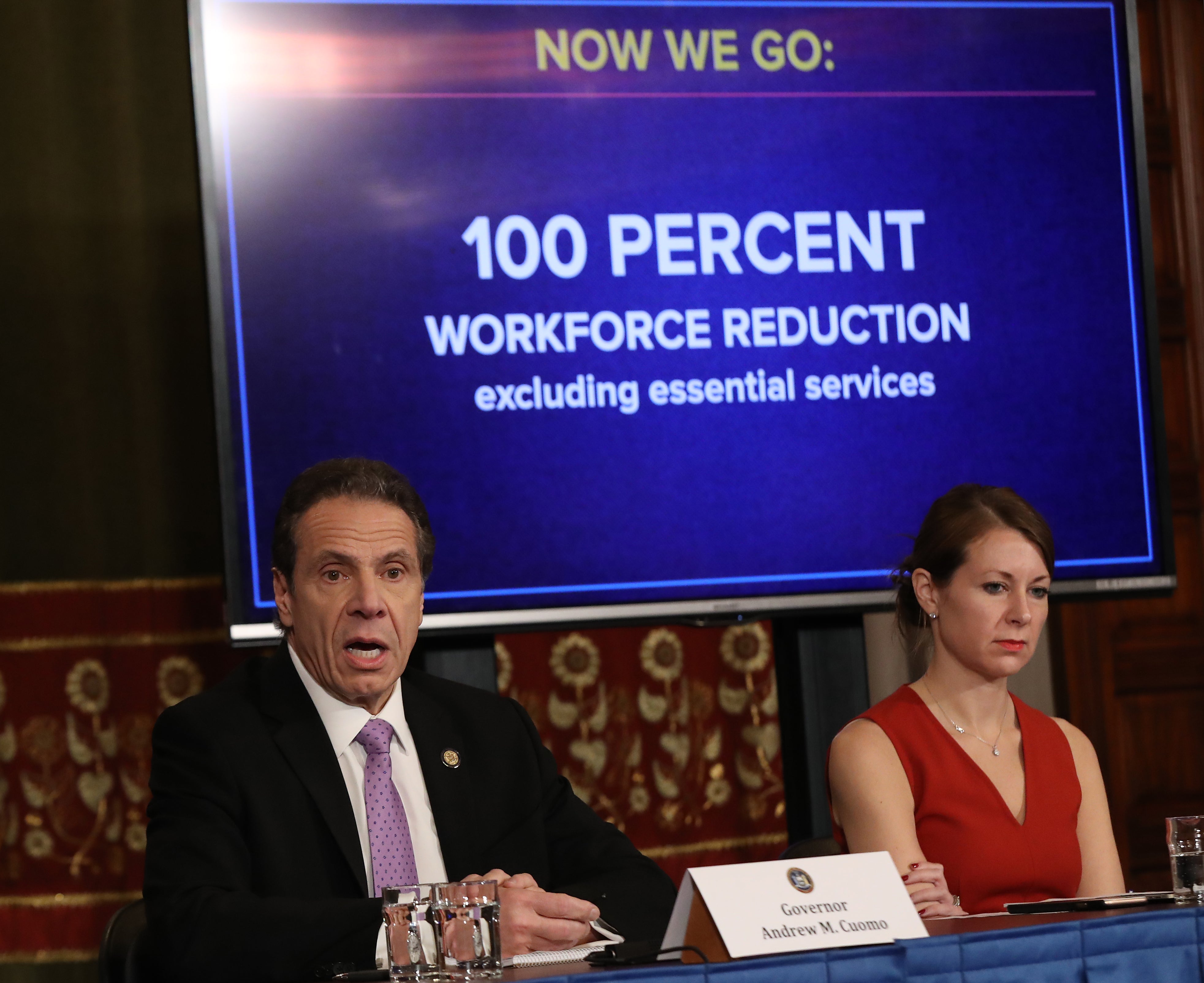 <p>File Image: New York Governor Andrew Cuomo (L) speaks during his daily news conference with Secretary to the Governor Melissa DeRosa (R) on 20 March 2020 in New York City.</p>