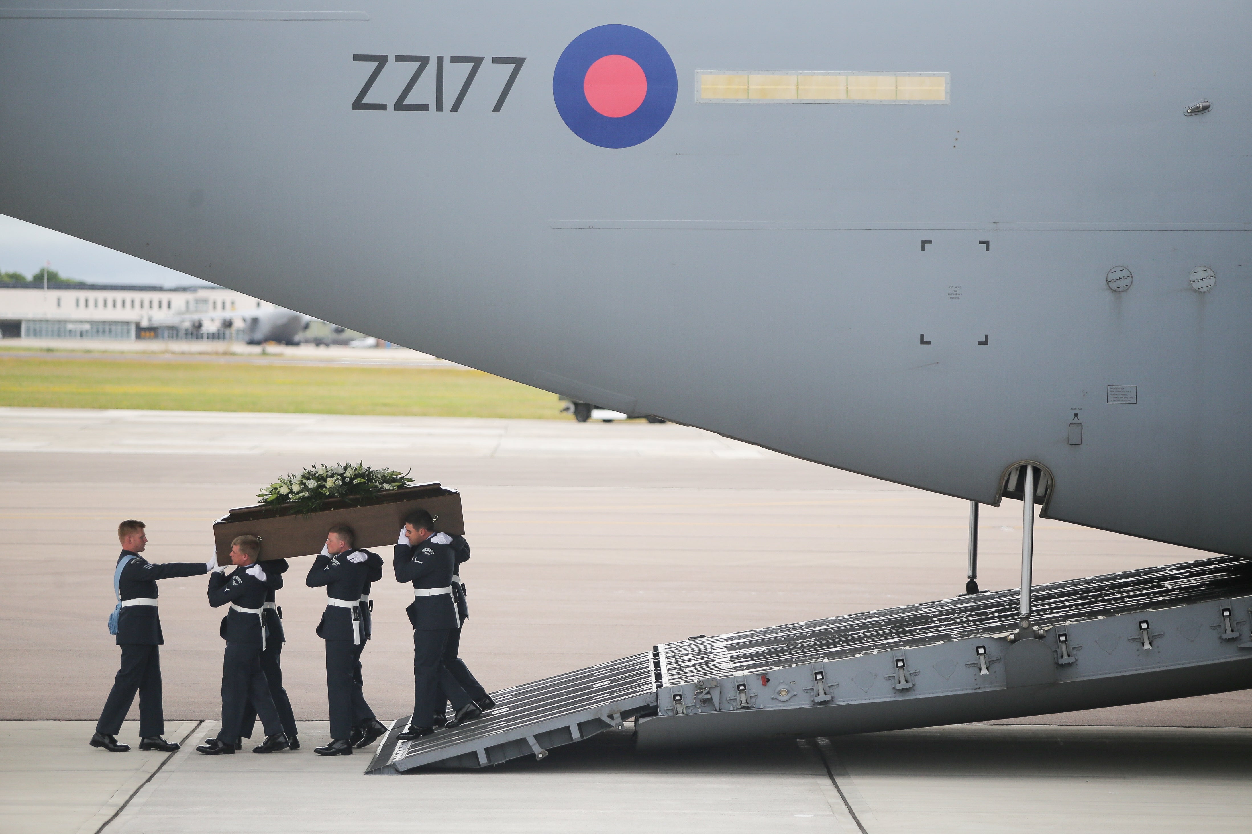 The coffin of Trudy Jones, one of the victims of the 2015 terrorist attack in Tunisia, arriving in the UK