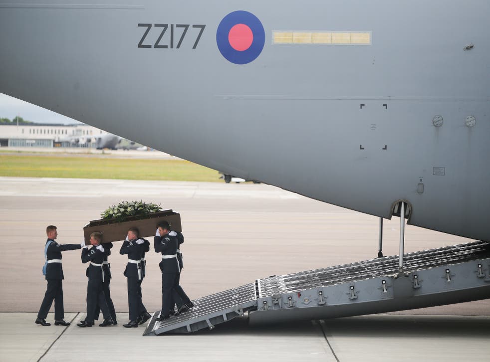 <p>The coffin of Trudy Jones, one of the victims of the 2015 terrorist attack in Tunisia, arriving in the UK</p>