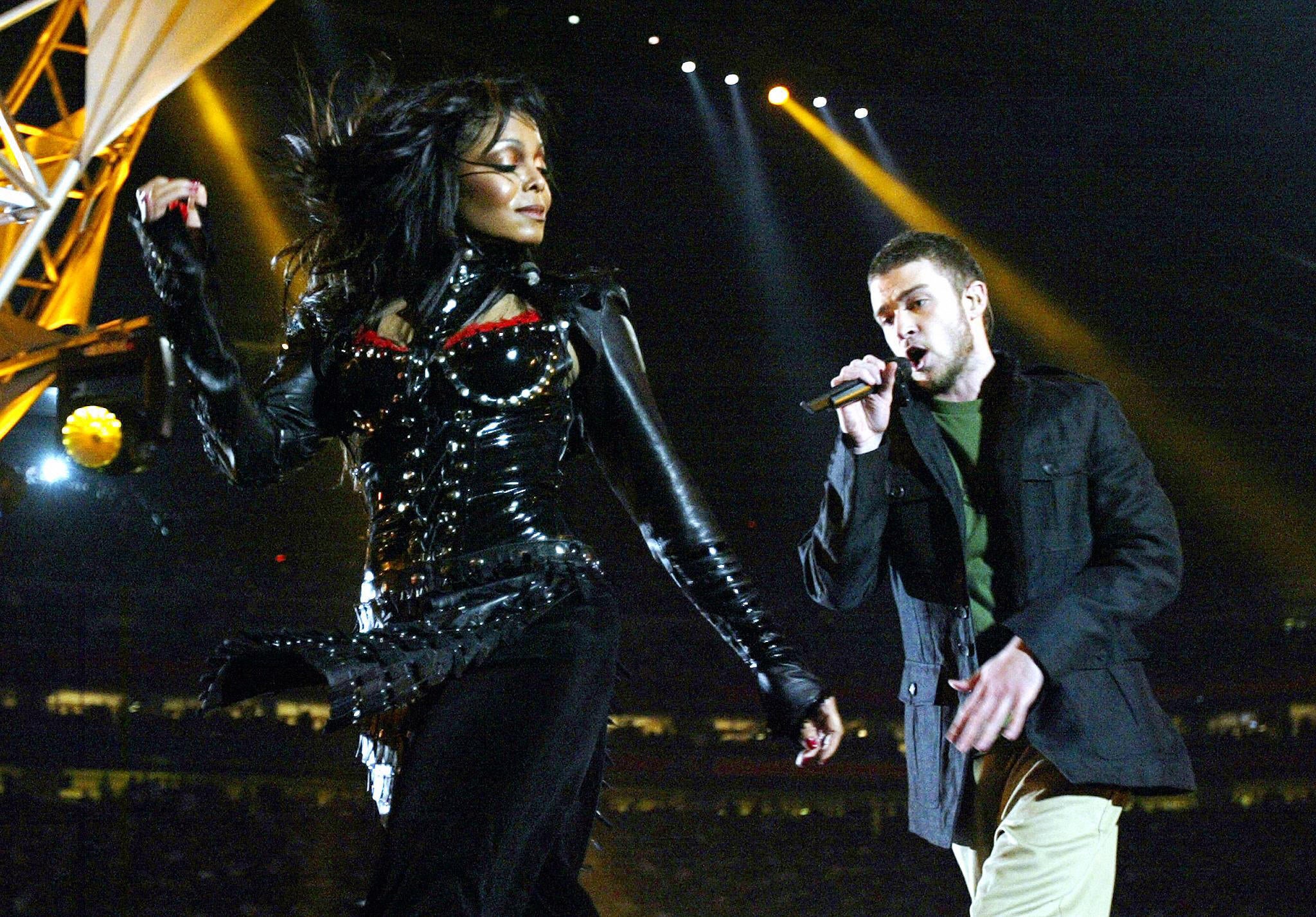 Janet Jackson and Justin Timberlake during the 2004 Super Bowl halftime show