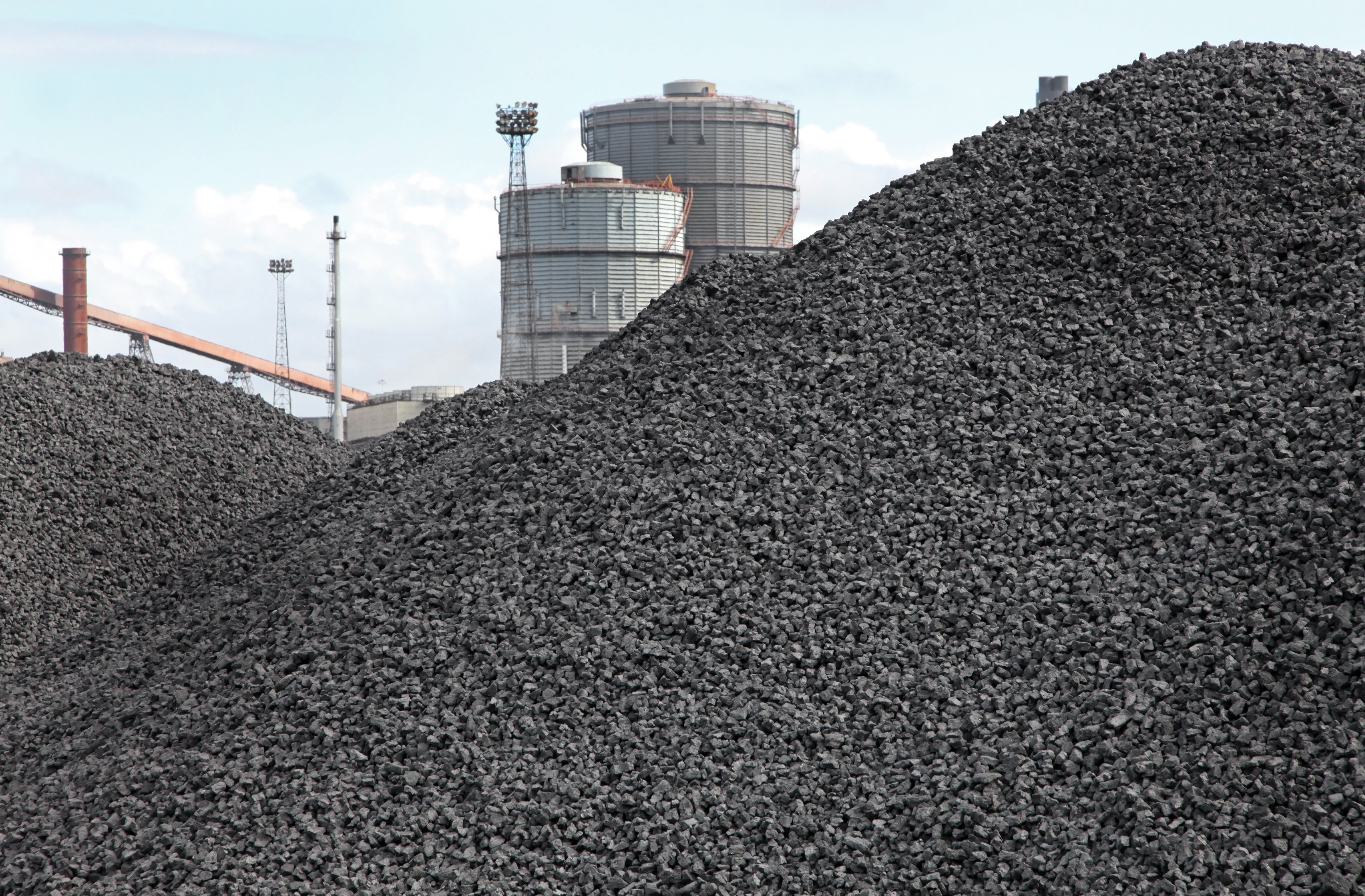 Stock piles of coking coal, used in steel production, at a steel-making plant