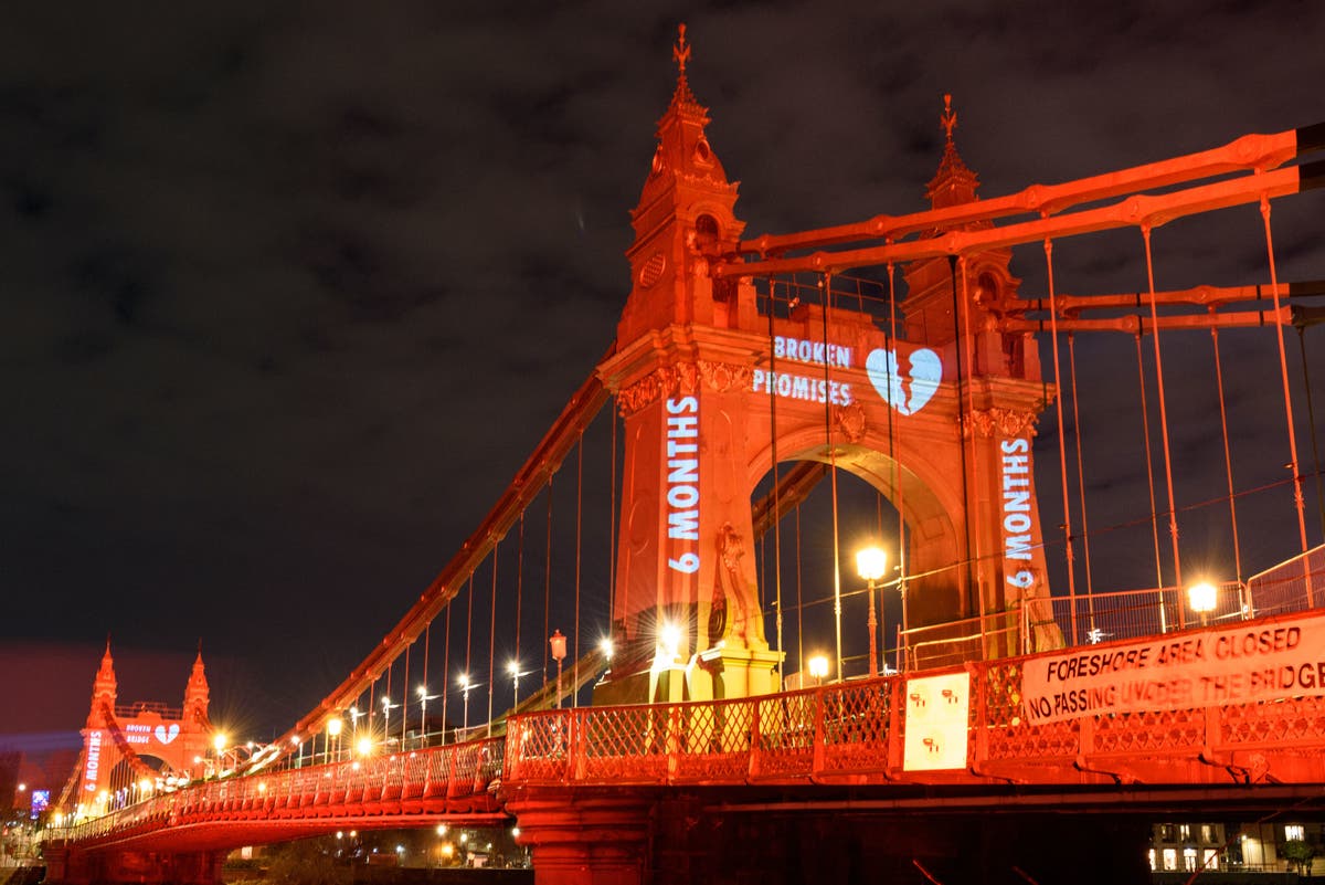 Hammersmith Bridge lights up red to get government’s attention on Valentine’s Day Hammersmith Bridge lights up red to get government’s attention on Valentine’s Day