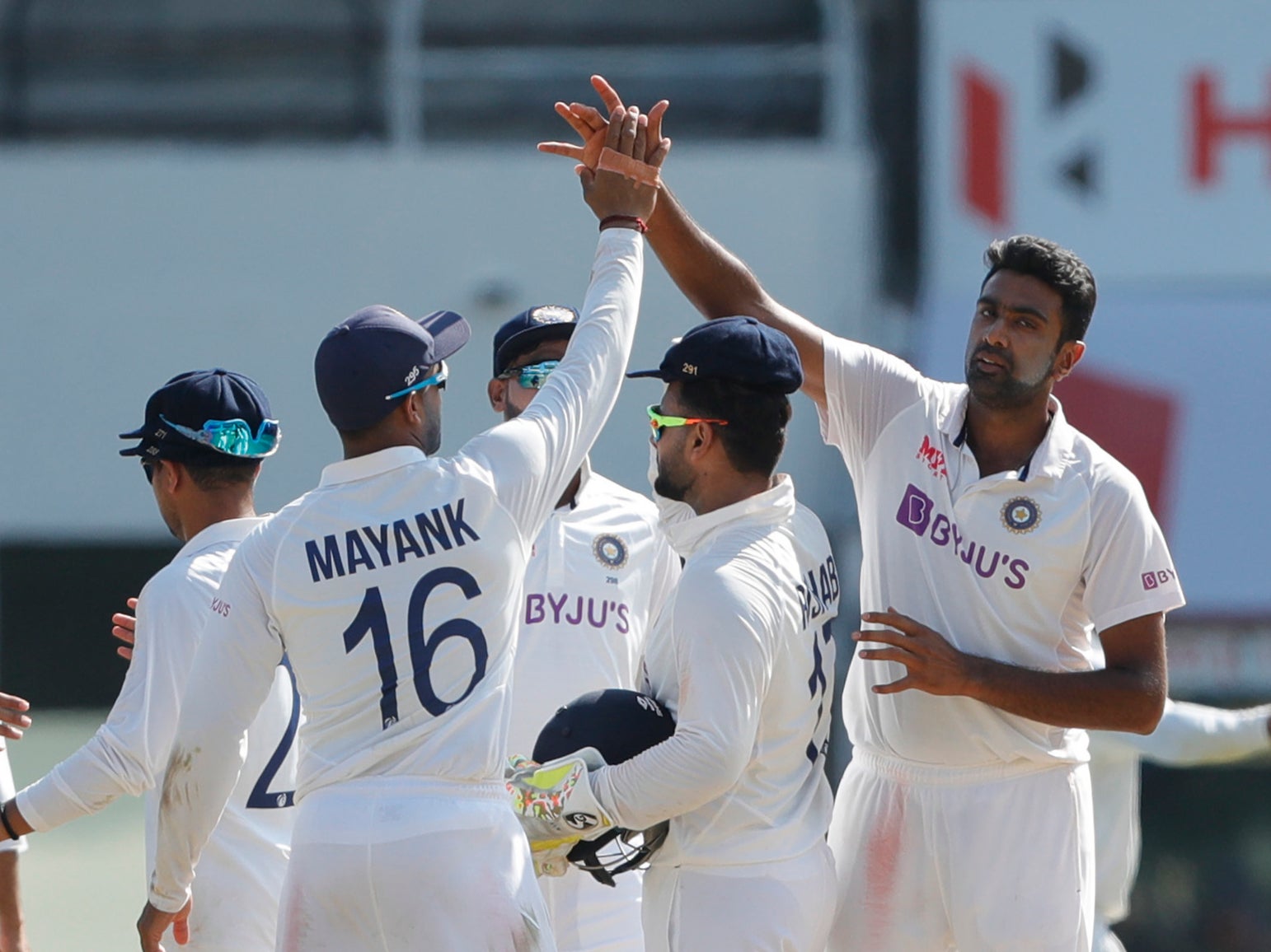 Ravichandran Ashwin celebrates a wicket during the second Test in Chennai on Sunday