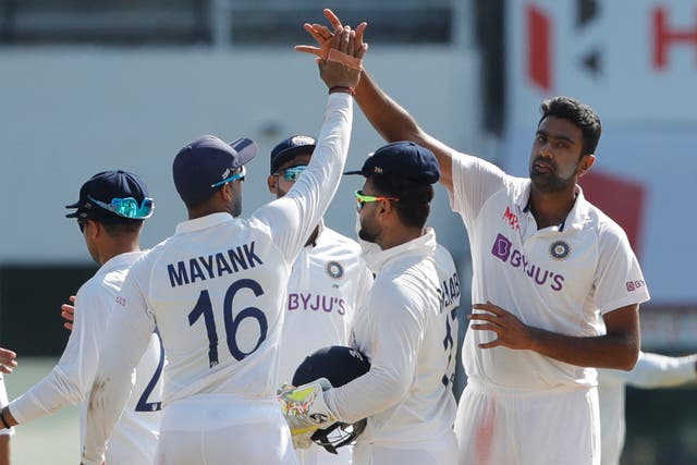 <p>Ravichandran Ashwin celebrates a wicket during the second Test in Chennai on Sunday</p>