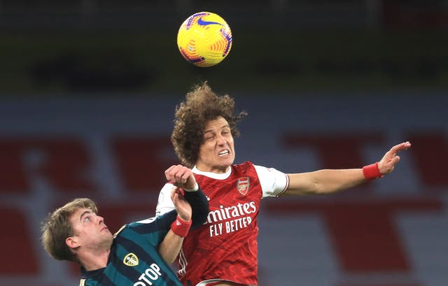 David Luiz contests for the ball in Arsenal’s win over Leeds