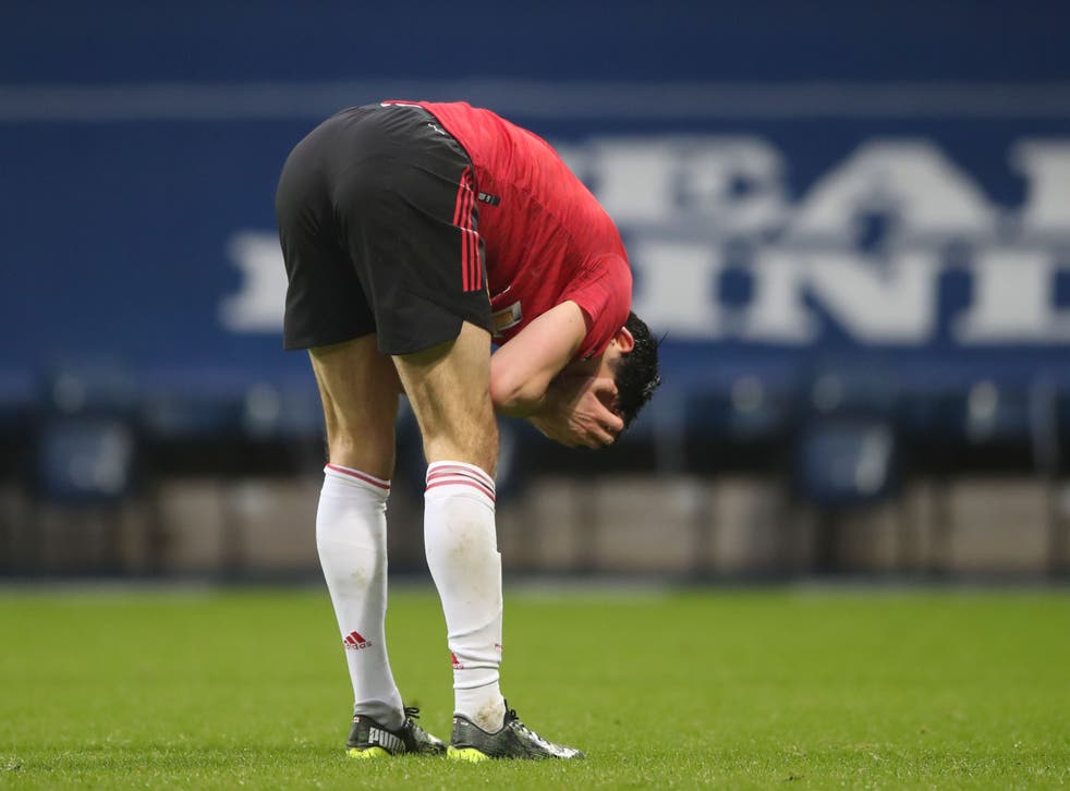 Harry Maguire reacts at full-time at The Hawthorns