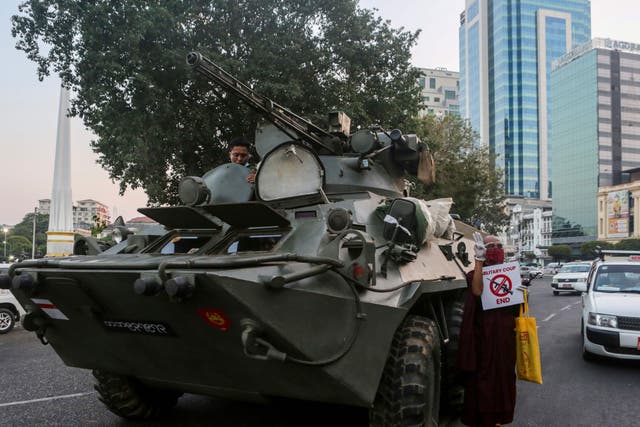 An armoured vehicle in Yangon, following days of mass protests against the military coup