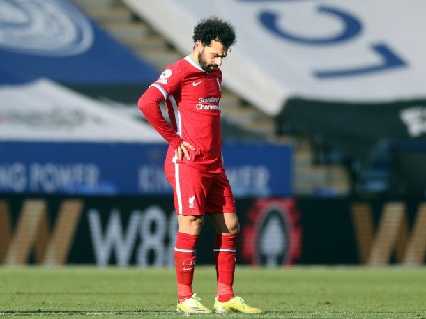 Mohamed Salah cuts a dejected figure during Liverpool’s defeat by Leicester