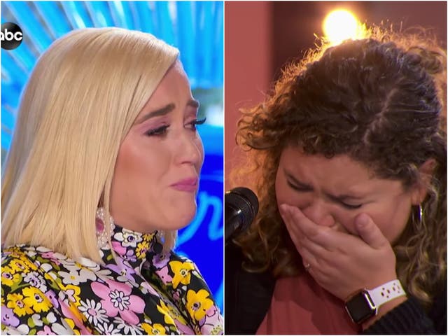 Katy Perry (left) reacting to the American Idol performance from DJ Johnson (right)