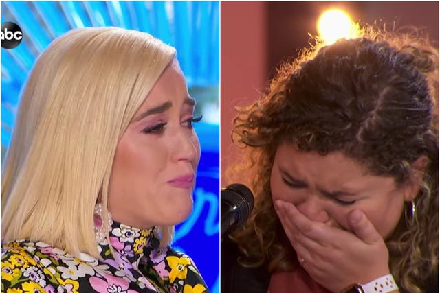 Katy Perry (left) reacting to the American Idol performance from DJ Johnson (right)