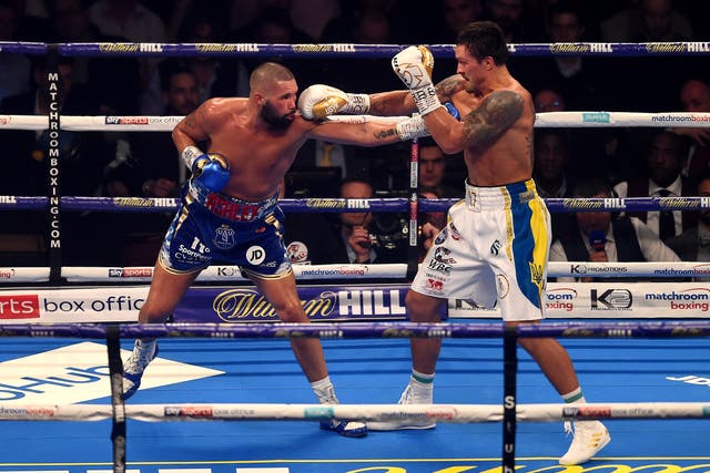 <p>Tony Bellew (left) and Oleksandr Usyk in their 2018 cruiserweight title fight </p>