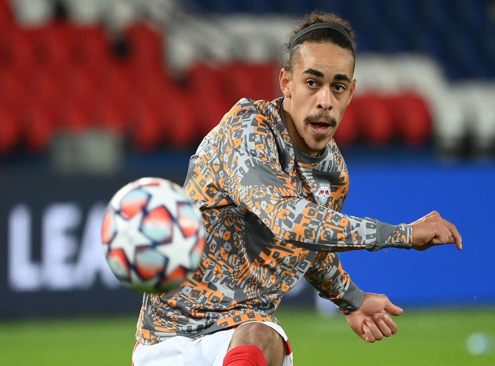 Leipzig’s Danish forward Yussuf Poulsen warms up prior to the UEFA Champions League Group H second-leg football match between Paris Saint-Germain (PSG) and RB Leipzig at the Parc des Princes stadium in Paris on 24 November, 2020