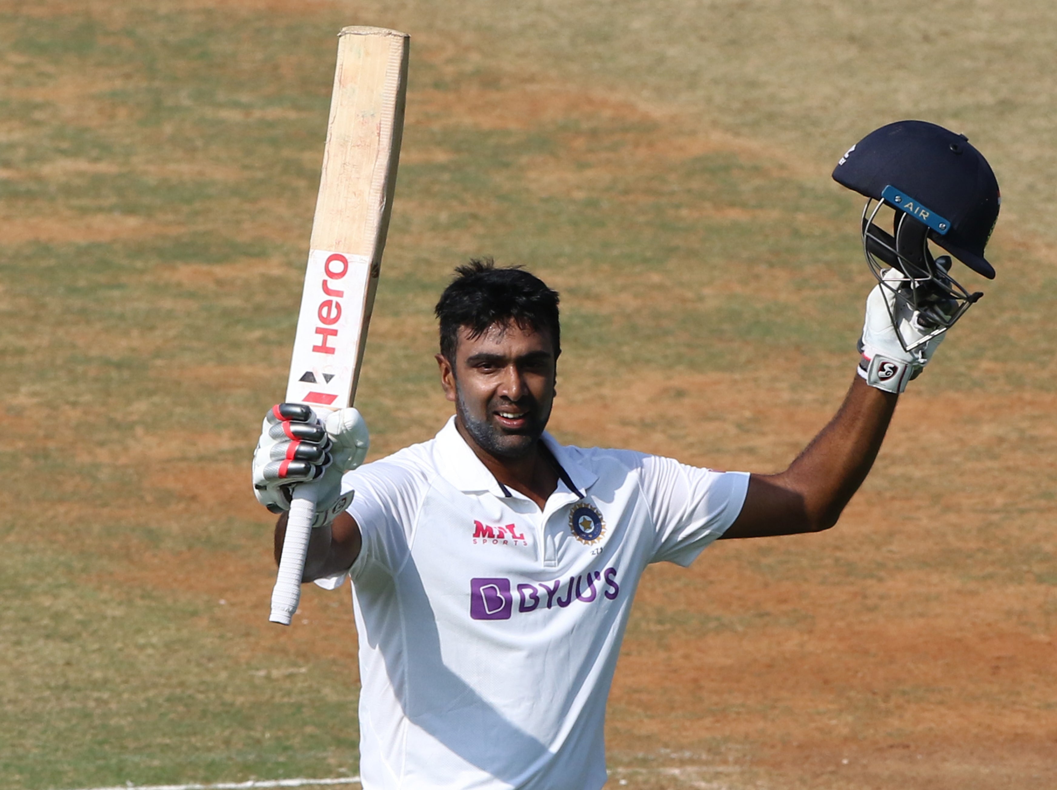 Ravichandran Ashwin celebrates his century in the second Test against England