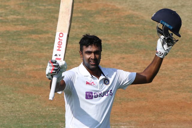 Ravichandran Ashwin celebrates his century in the second Test against England