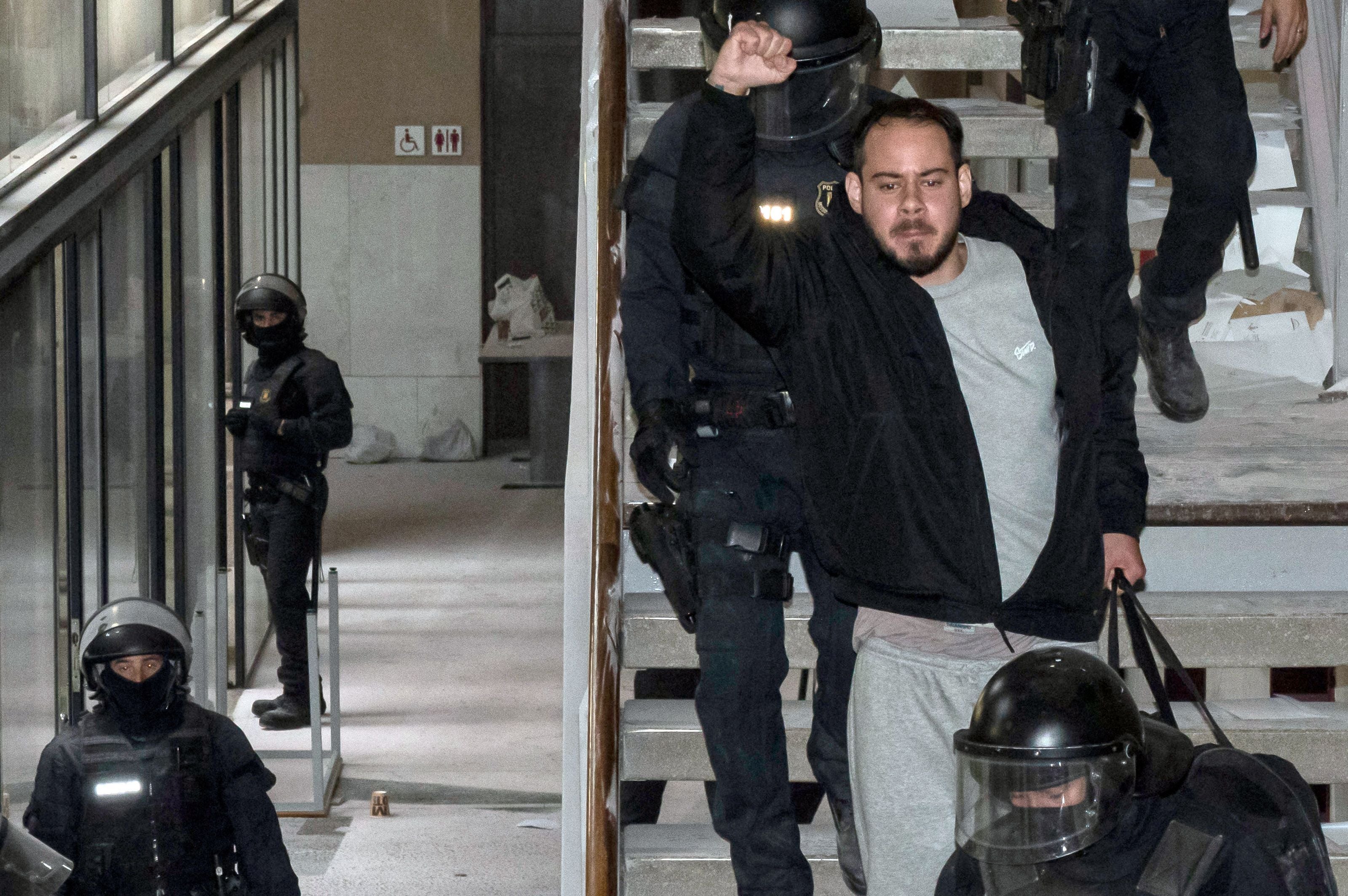 Catalan rapper Pablo Hasel is arrested by police at the University of Lleida, 150 kms (90 miles) west of Barcelona, on February 16, 2021 where he had barricaded himself.