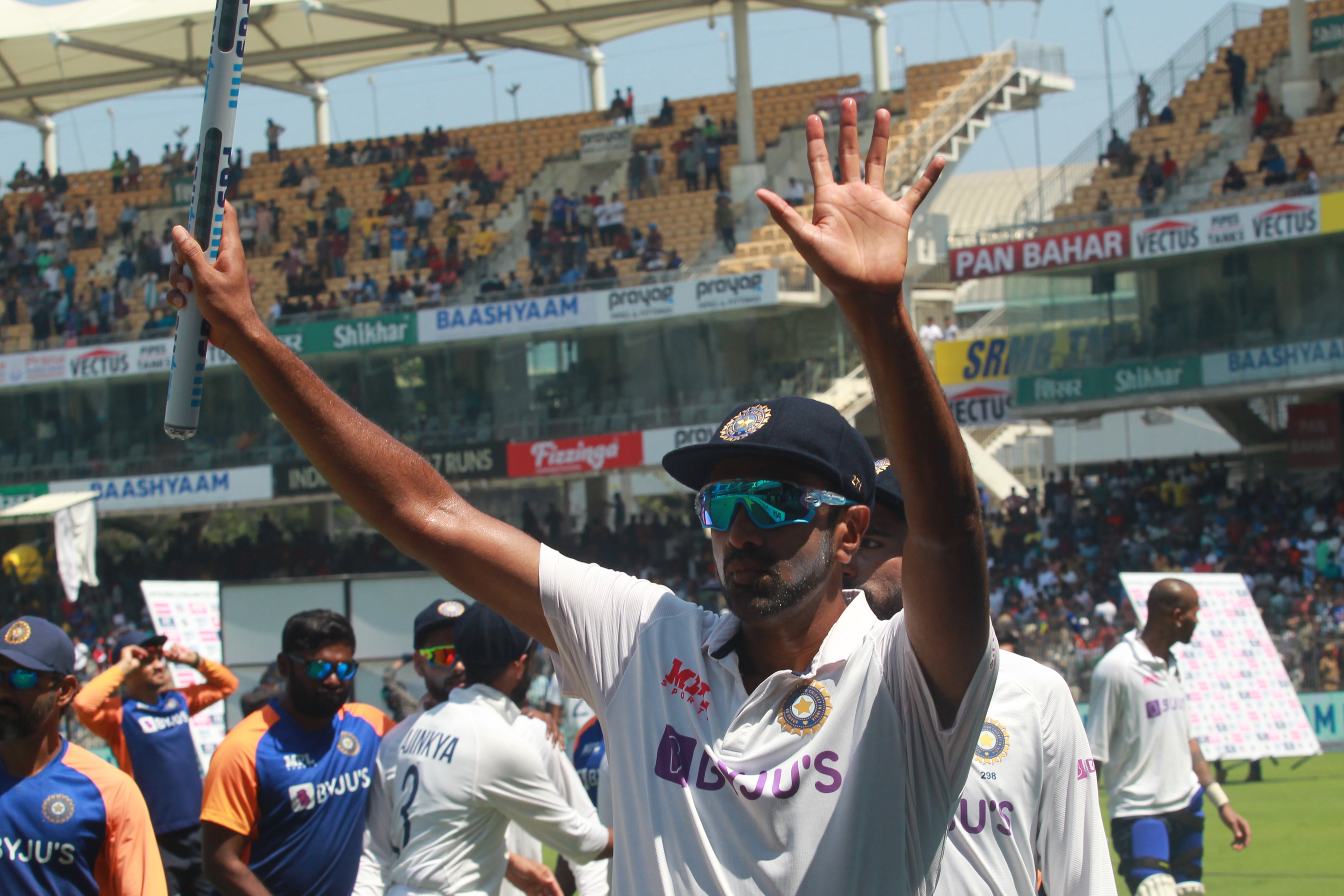 Ravichandran Ashwin acknowledges his home crowd in Chennai after victory