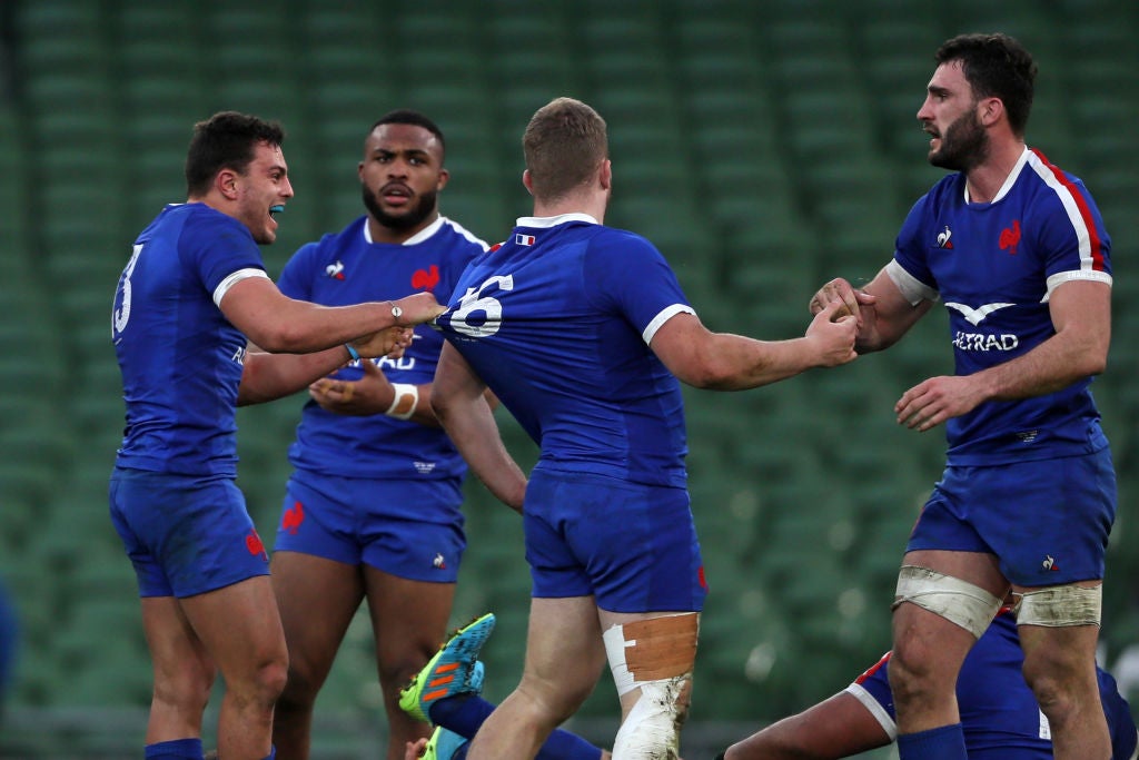 France players celebrate on the final whistle in their Six Nations match against Ireland