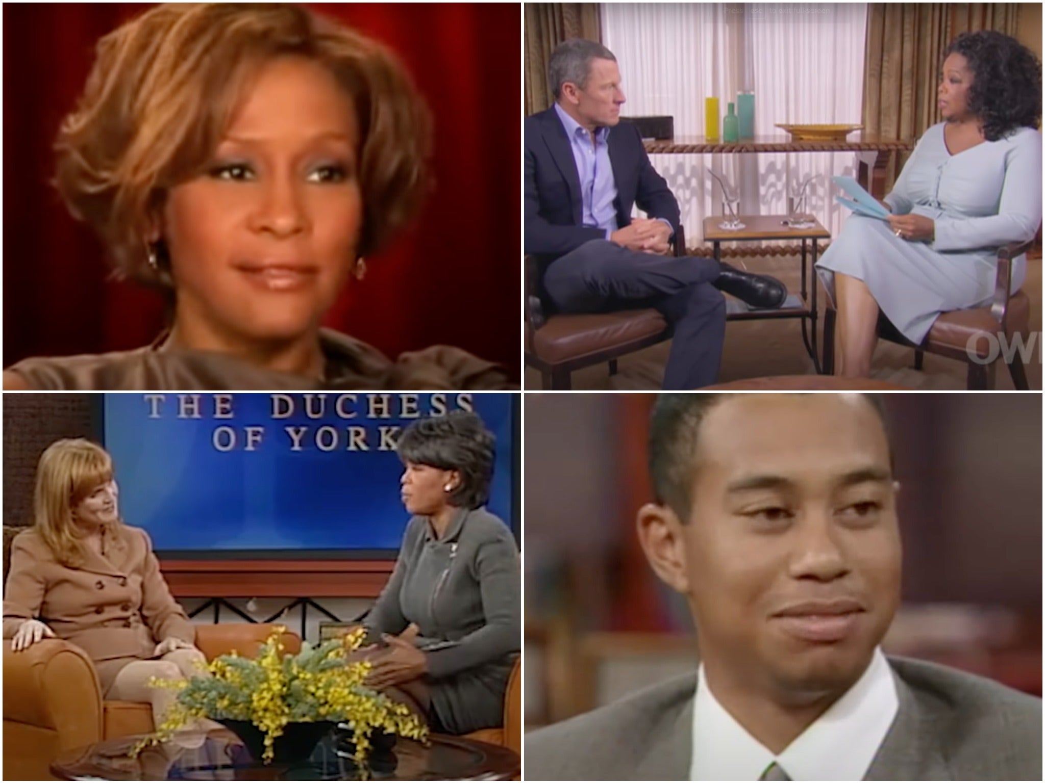 Clockwise from top left: Whitney Houston, Lance Armstrong, Tiger Woods, Sarah Ferguson