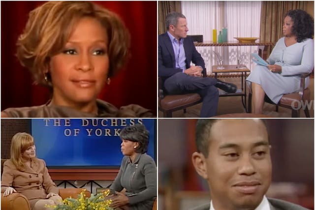 Clockwise from top left: Whitney Houston, Lance Armstrong, Tiger Woods, Sarah Ferguson
