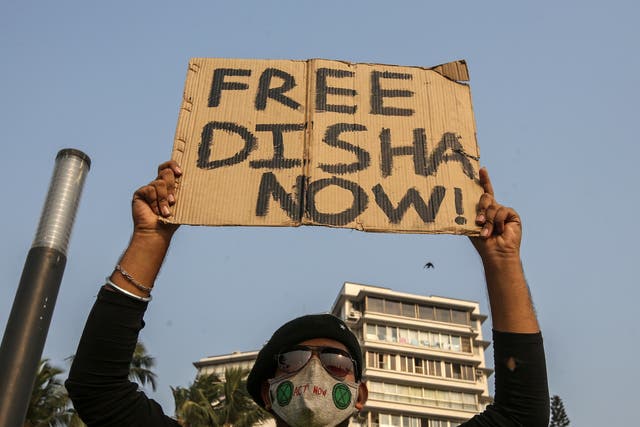 A protester demands the release of Indian climate activist Disha Ravi, in Mumba on 15 February