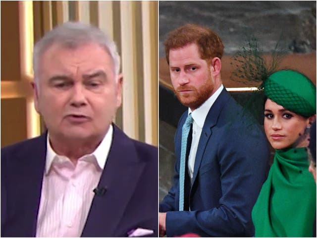 (Left) Eamonn Holmes, speaking on This Morning, and (right) Prince Harry and Meghan Markle