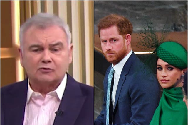 (Left) Eamonn Holmes, speaking on This Morning, and (right) Prince Harry and Meghan Markle