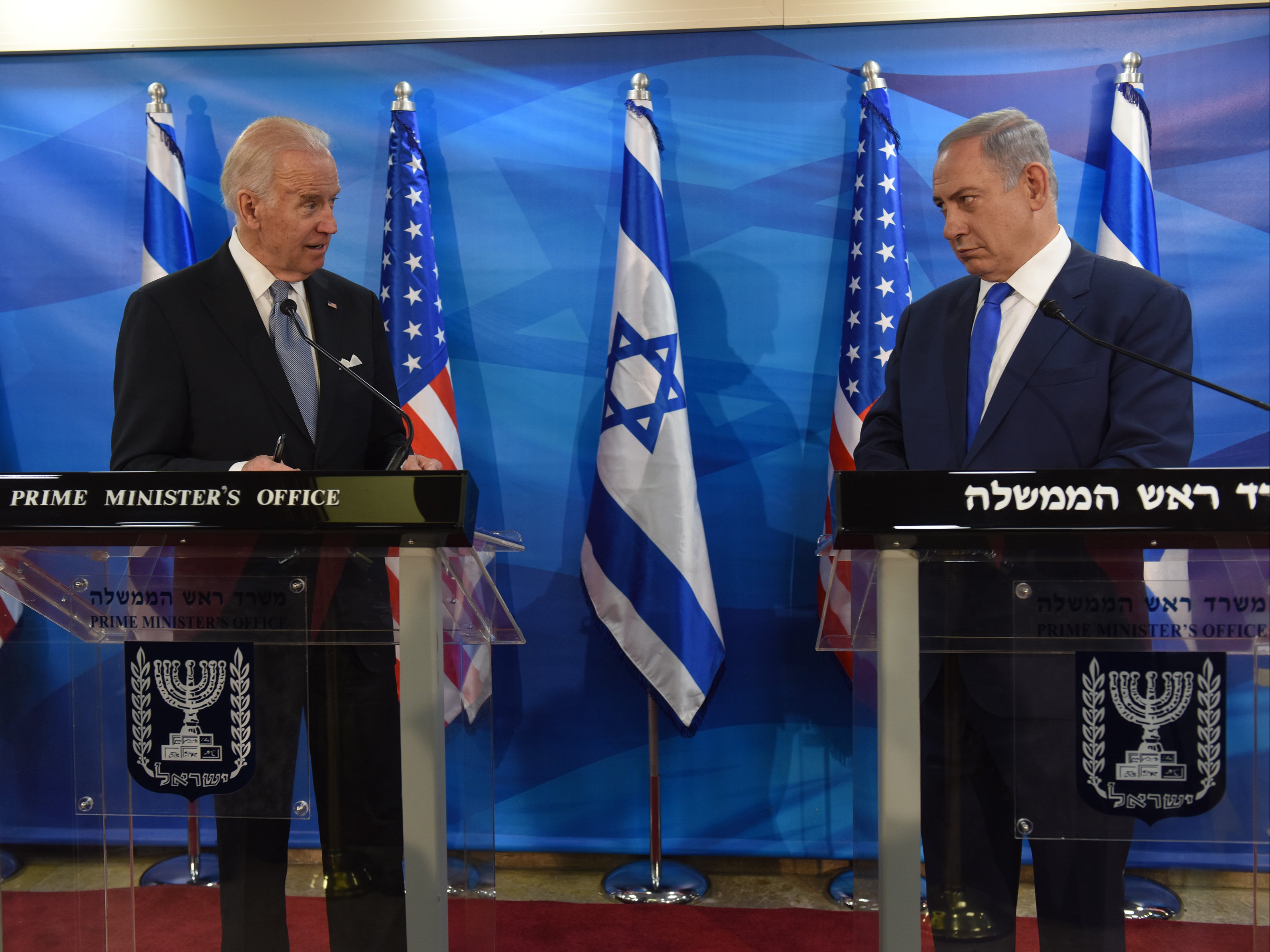 Then-Vice President Joe Biden and Israeli Prime Minister Benjamin Netanyahu give joint statements on March 9, 2016
