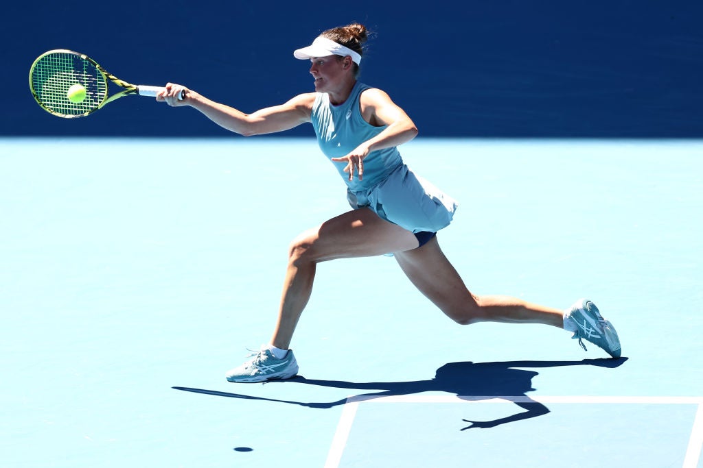 Jennifer Brady plays a forehand against Jessica Pegula