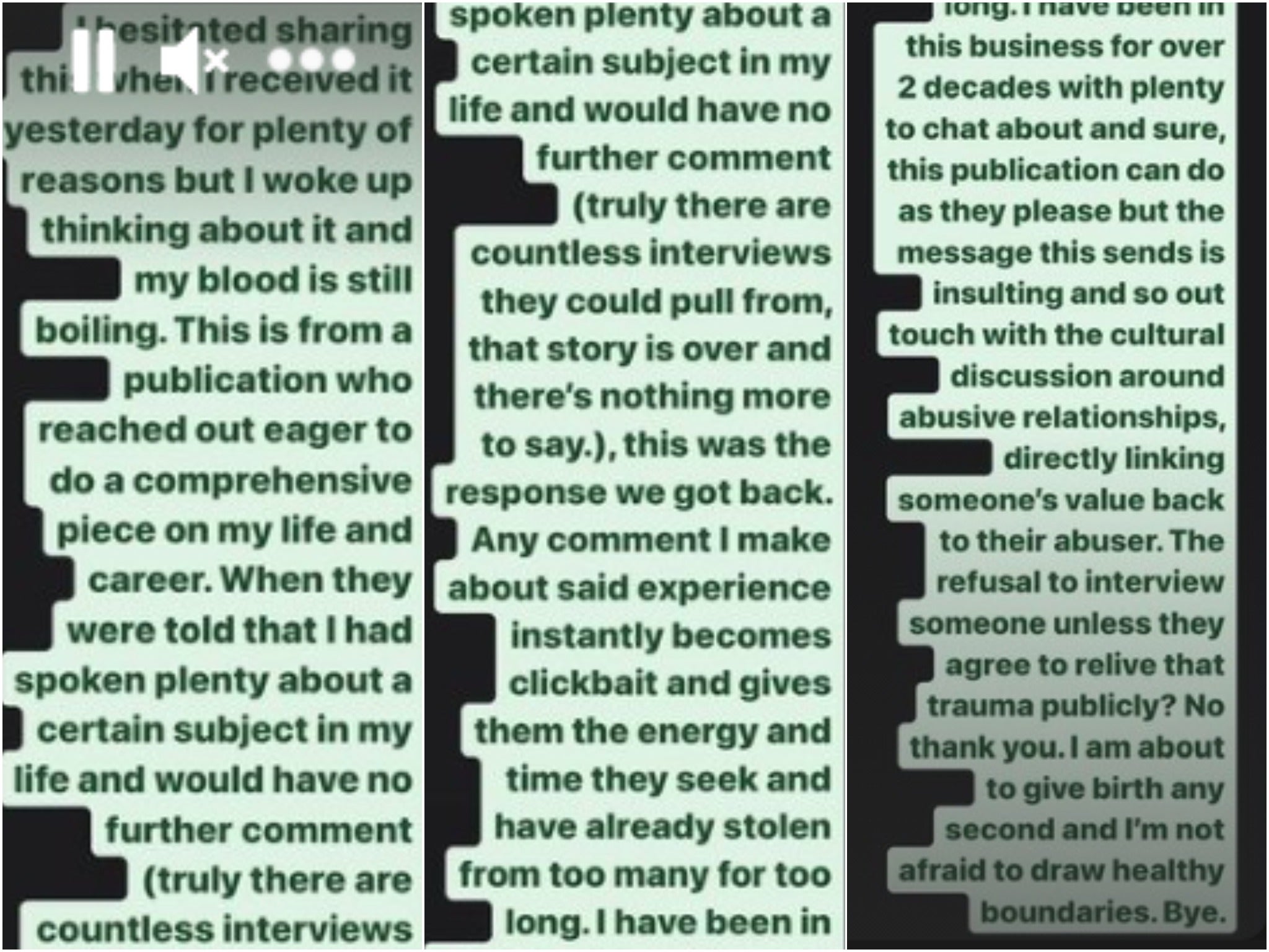 Moore’s response in full, taken from screenshots of her Instagram Story