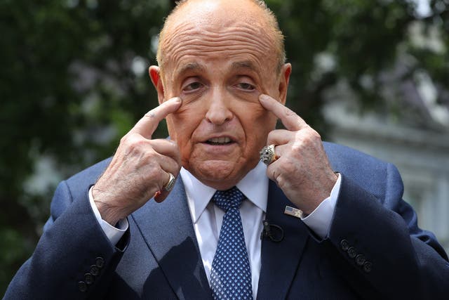 <p>File: Rudy Giuliani talking to journalists outside the White House West Wing on 1 July 2020 </p>