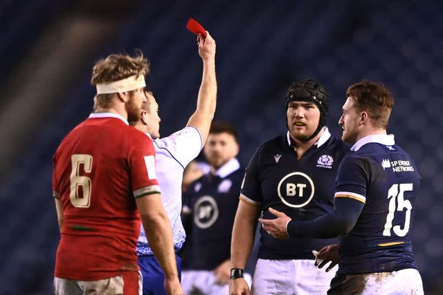 Scotland player Zander Fagerson reacts after being sent off