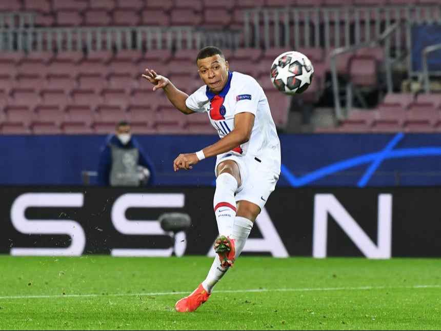 Kylian Mbappe of Paris Saint-Germain completes his hat-trick against Barcelona