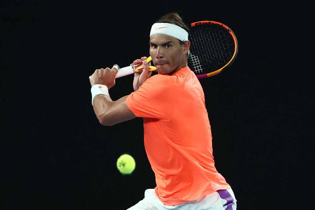 Rafael Nadal of Spain plays a backhand against Stefanos Tsitsipas