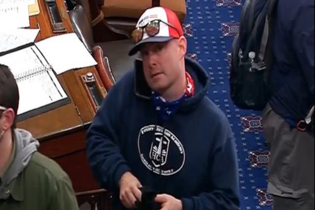 <p>Surveillance footage of Leo Brent Bozell IV  from inside the Us Capitol on 6 January 2021</p>