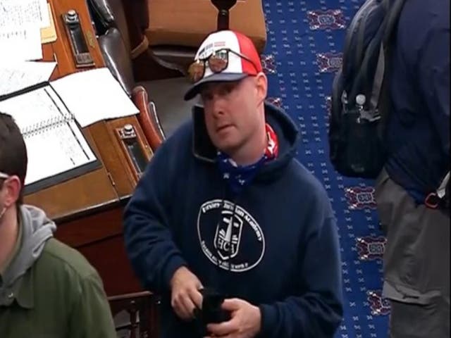 <p>Surveillance footage of Leo Brent Bozell IV  from inside the Us Capitol on 6 January 2021</p>