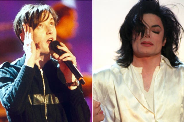 <p>Jarvis Cocker (left) famously waggled his backside at the audience during Michael Jackson’s performance at the Brit Awards in 1996</p>